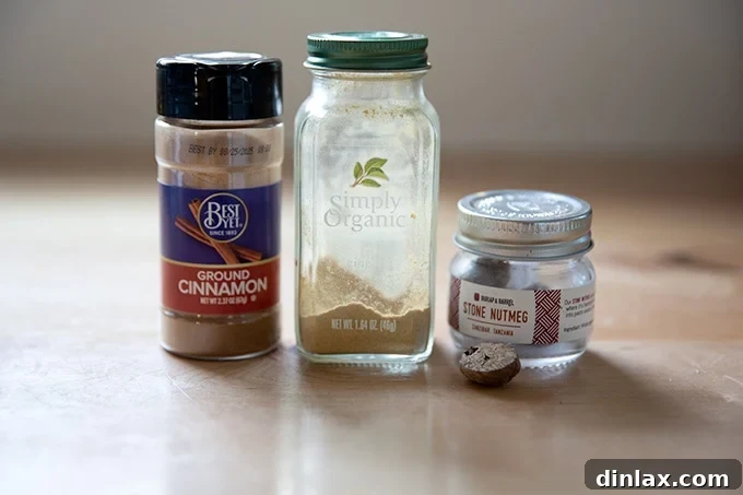Bowls of ground ginger, cinnamon, and whole nutmeg for gingersnap cookies.