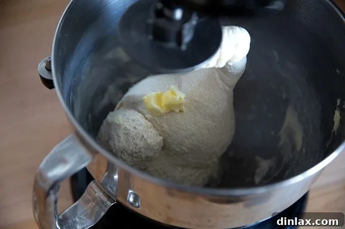 Adding butter to the dough in the stand mixer.