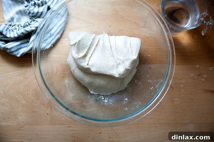 First stretch and fold of the dough using wet hands.
