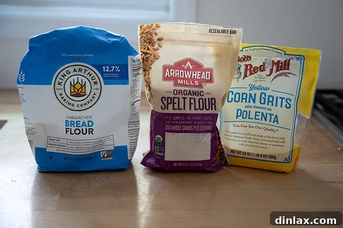 Ingredients for making sourdough levain: ripe sourdough starter, water, and flour.