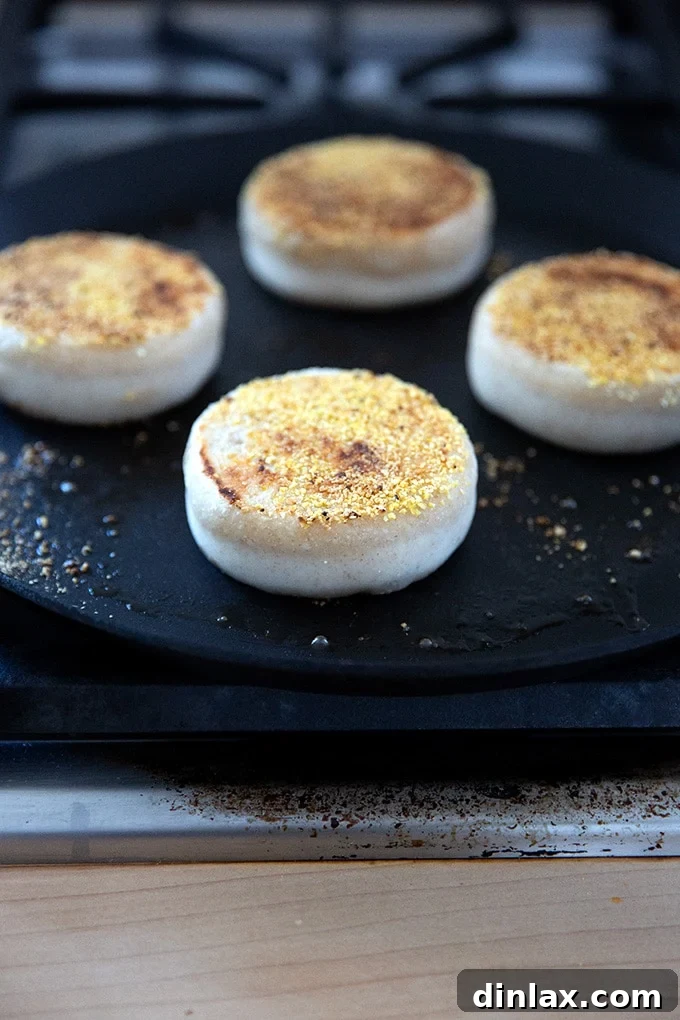 Flipping English muffins in the skillet to brown the other side.