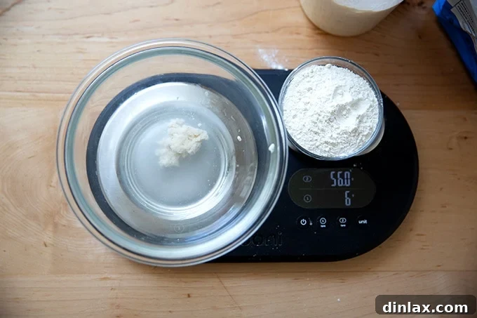 Mixing the levain ingredients in a bowl.