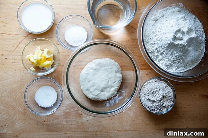 All ingredients laid out for the main sourdough English muffin dough.