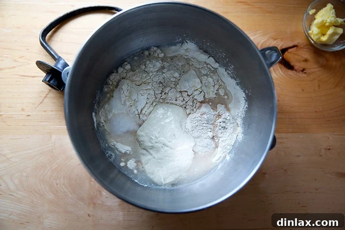 Mixing the initial dough ingredients in a stand mixer.
