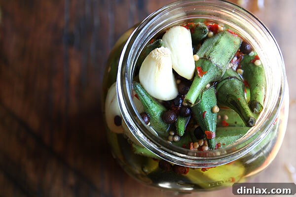 Glass jars filled with vibrant pickled okra, freshly sealed