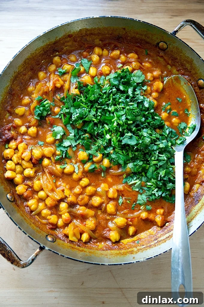 A skillet on the stovetop filled with just-cooked curried Thai chickpeas, with fresh green cilantro leaves freshly added and ready to be stirred in, brightening the dish.
