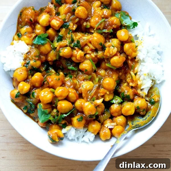 A beautiful top-down shot of a bowl of creamy One-Pot Curried Chickpeas with fluffy rice, perfect for a warming meal.