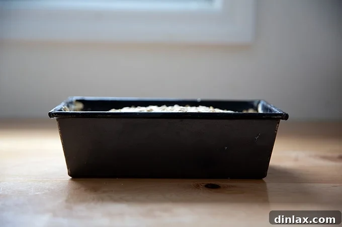 No-knead maple oat bread dough in a loaf pan, gently rising during its second proofing stage.