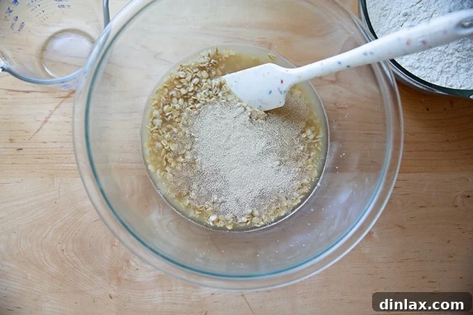 Instant yeast being sprinkled over the oat, water, and maple syrup mixture in a bowl.