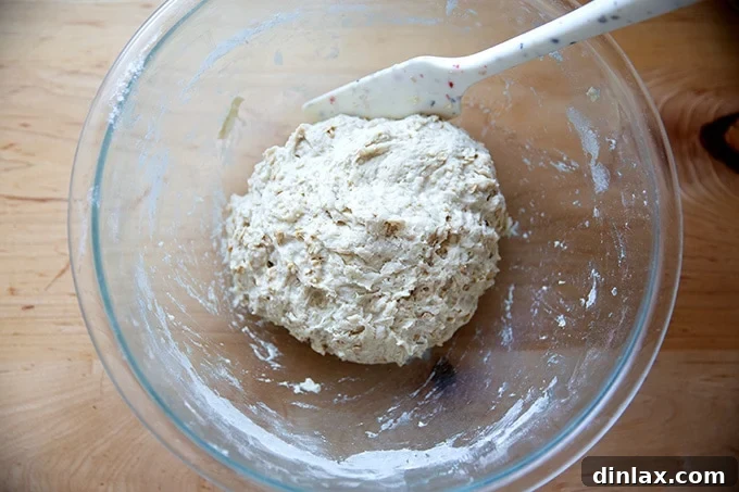Sticky, mixed no-knead maple oat bread dough in a large mixing bowl.