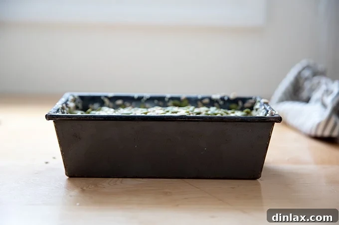 Triple-Seed Stir-and-Bake Loaf 15 An unrisen batch of three-seed bread dough resting in an 8.5x4.5-inch loaf pan, showing its initial state.