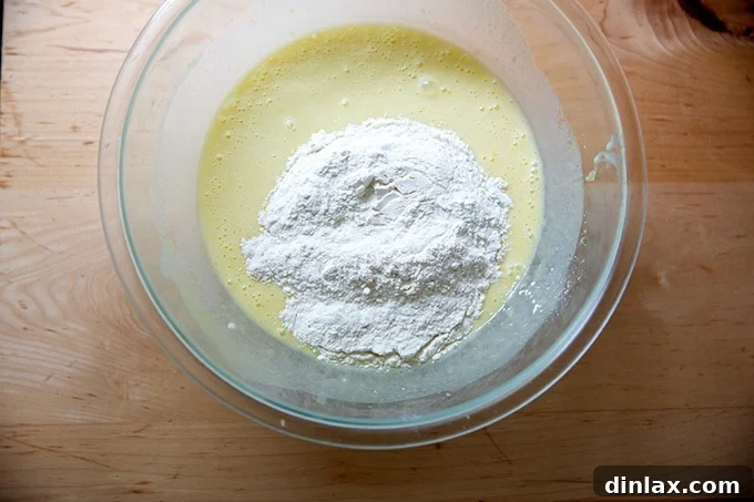 Effortless Lemon Blueberry Bread 11 Flour being gently folded into the wet batter with a spatula, showing the mixture beginning to come together.