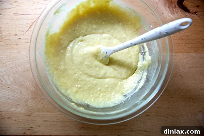 Effortless Lemon Blueberry Bread 12 A bowl of slightly lumpy, thick batter, perfectly mixed before the addition of blueberries.