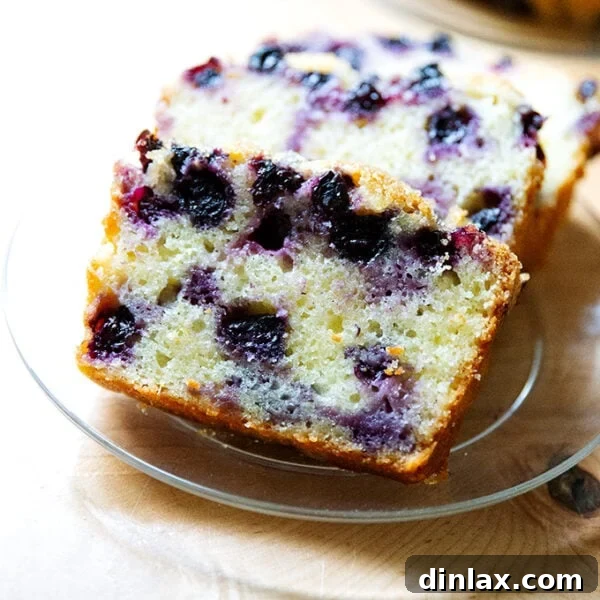 Slices of lemon-blueberry quick bread on a plate, showcasing the moist interior and vibrant blueberries.