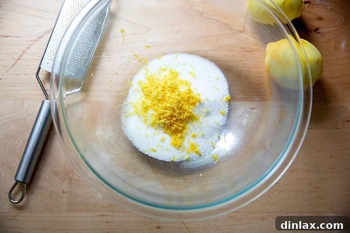 Effortless Lemon Blueberry Bread 4 A mixing bowl filled with granulated sugar and bright yellow lemon zest, ready for rubbing.