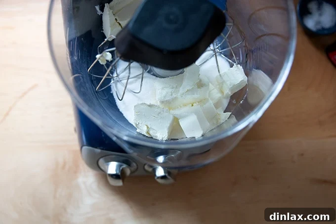Light and Fluffy Cream Cheese Frosting 4 Cream cheese and sugar in a stand mixer.