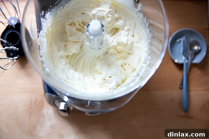 Light and Fluffy Cream Cheese Frosting 7 Just-beaten whipped cream - cream cheese frosting in a stand mixer.