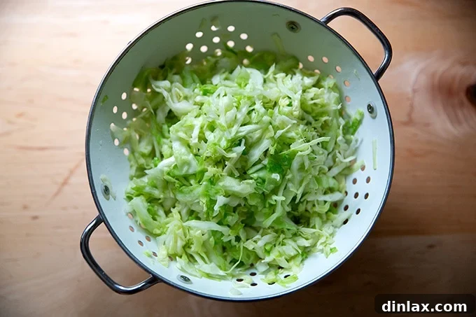 Five Ingredient Baked Cabbage Tortillas Gluten Free 6 Salted cabbage in a colander after 15 minutes.