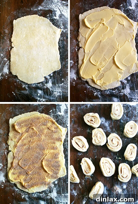 The delightful process of making cinnamon snails, a sweet and simple reward. Hands carefully rolling out dough scraps, preparing them for the cinnamon snails, a delightful bonus treat that makes the most of every ingredient.