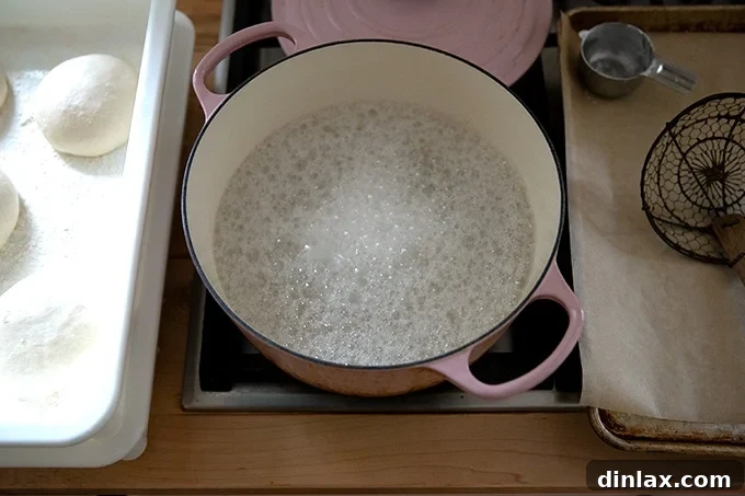 A pot of water and baking soda bubbling gently on a stovetop.