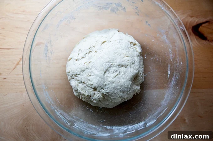 Cohesive but sticky pretzel roll dough formed into a ball within a mixing bowl.
