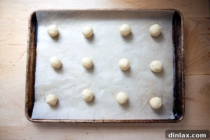 A light-colored sheet pan with 12 neatly arranged lemon-almond snowball cookie dough balls, ready for the oven.