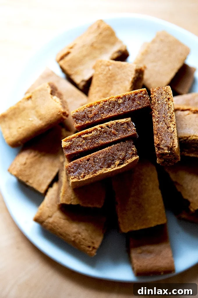 Perfectly Imperfect Gingerbread Cookie Bars 2 Perfectly cut gingerbread cookie bars arranged on a white plate, showcasing their soft, chewy texture and inviting golden-brown edges.