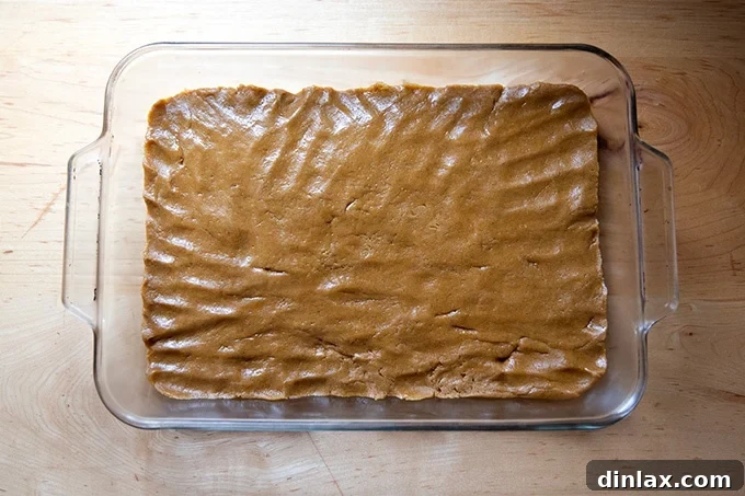 Perfectly Imperfect Gingerbread Cookie Bars 13 Gingerbread cookie bar batter meticulously pressed and flattened into an even layer within a 9x13-inch Pyrex pan, ready for the oven.