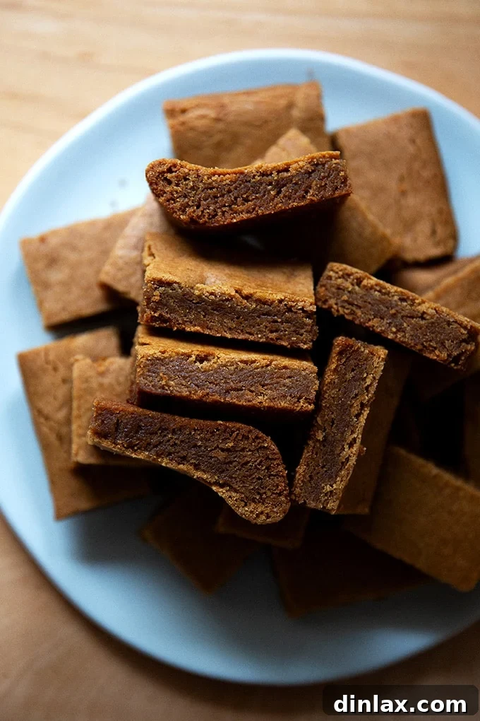 Perfectly Imperfect Gingerbread Cookie Bars 18 Close-up of a stack of gingerbread cookie bars on a plate, showcasing their inviting texture and ready-to-eat appeal.