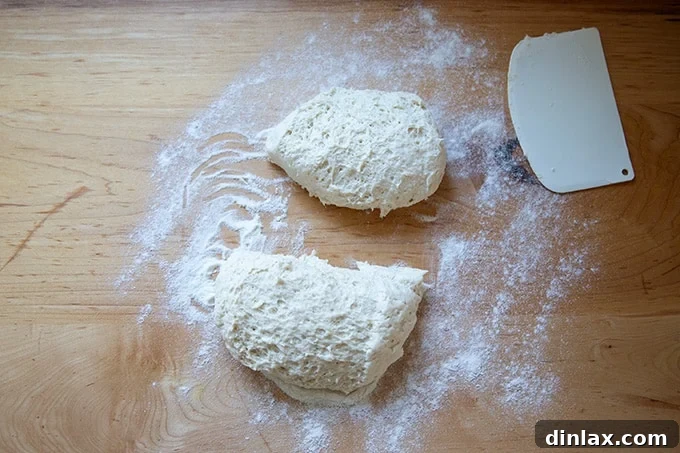 Risen gluten-free pizza dough, cut in half on a countertop, ready for shaping.