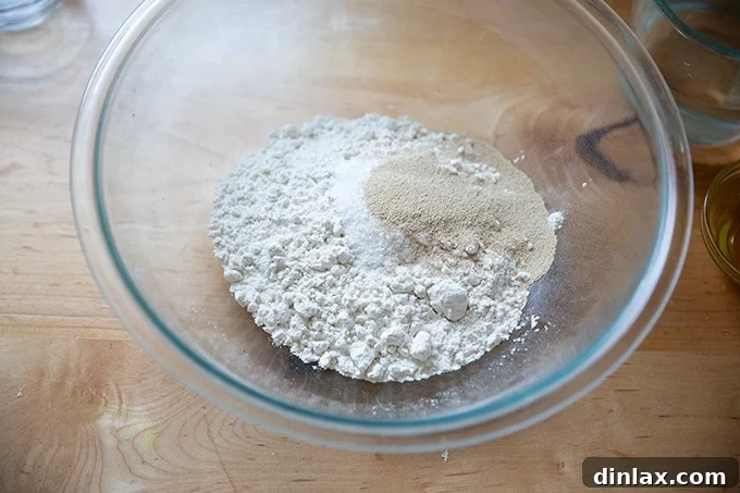 Dry ingredients for gluten-free pizza dough in a large bowl, before mixing.
