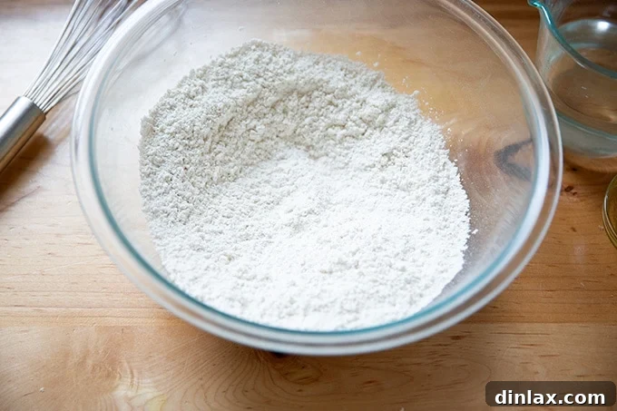 The dry ingredients for gluten-free pizza crust, thoroughly whisked together in a large bowl.