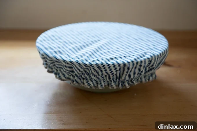 A large bowl of gluten-free pizza dough covered with a cloth, resting for rising.