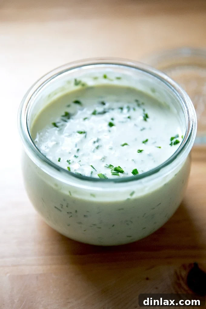 A beautifully presented jar of homemade vegan ranch dressing, showcasing its creamy texture and vibrant appearance, ready for dipping or drizzling.