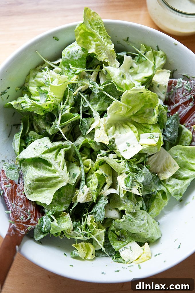 A vibrant salad generously dressed with creamy vegan ranch dressing, showcasing its perfect consistency for drizzling.