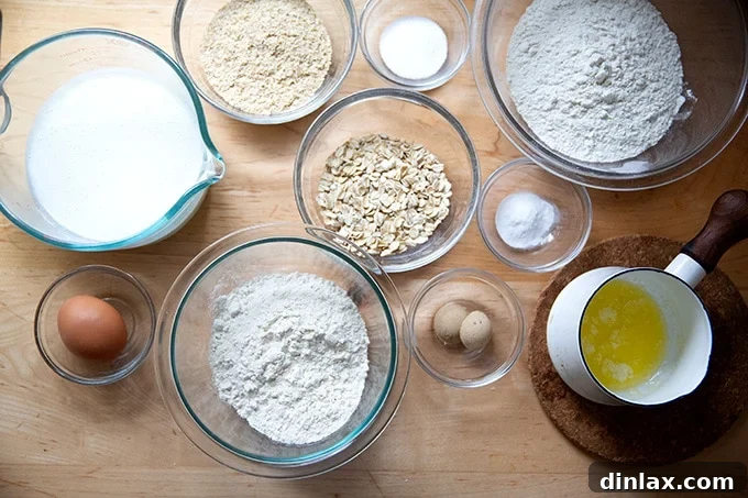 All measured ingredients for Irish brown bread in separate bowls, ready for mixing.
