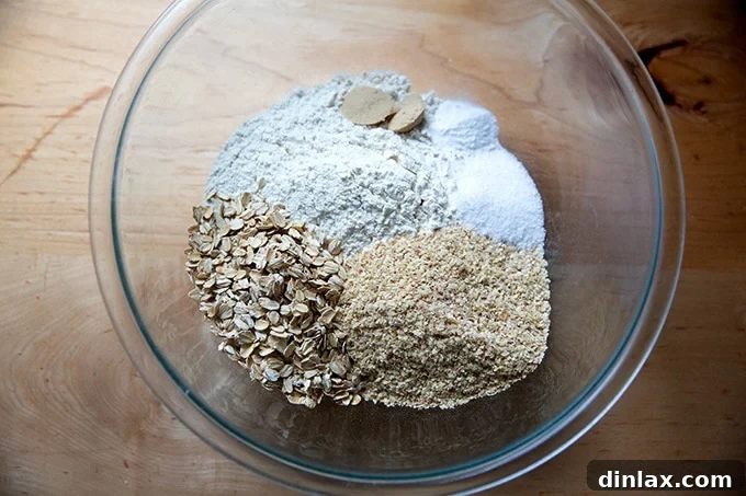 A bowl filled with all the dry ingredients for Irish brown bread, before mixing.
