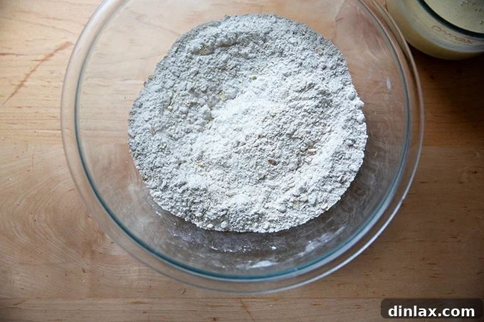 Dry ingredients for Irish brown bread, perfectly whisked together in a bowl.