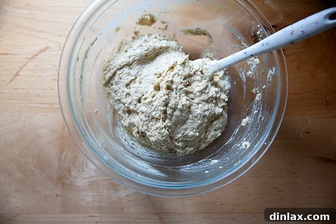 The Irish brown bread batter mixed to a sticky consistency in a bowl.