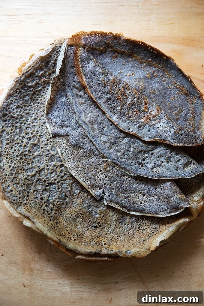 Light and Delicate Gluten Free Buckwheat Crepes 14 A close-up view of the stack of cooked buckwheat crepes, highlighting their wonderfully thin and airy consistency.