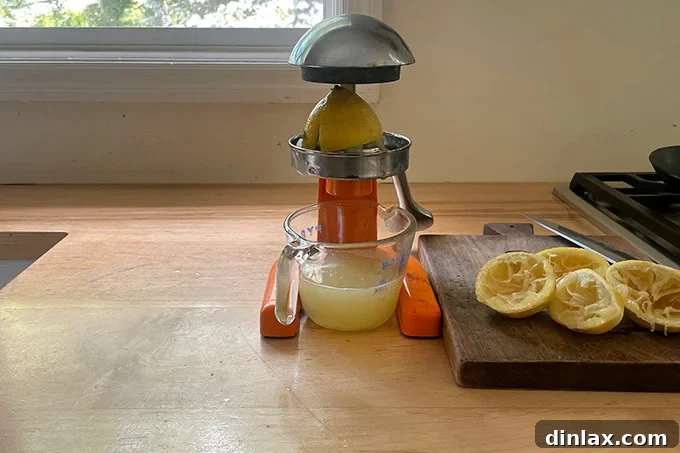 A citrus juicer positioned next to a lemon, with a liquid measuring cup filled with freshly squeezed lemon juice.