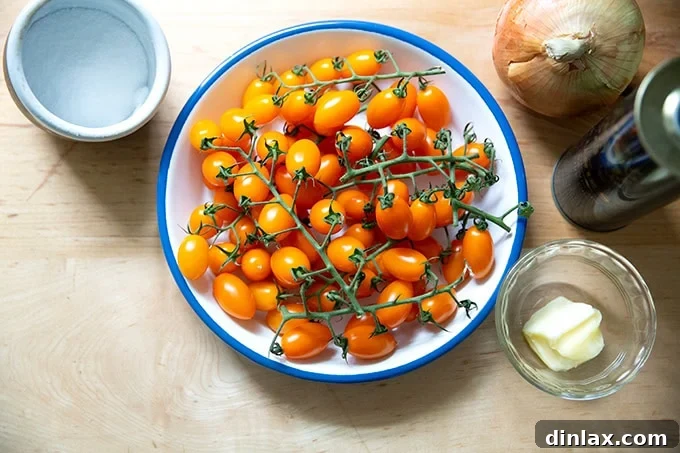 A rustic arrangement of key ingredients: a bowl of bright Sungold tomatoes, a whole yellow onion, a bottle of olive oil, a small bowl of salt, and a stick of butter, ready for sauce preparation.