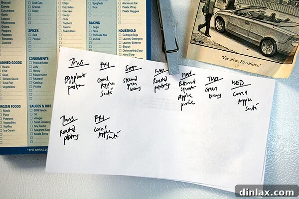 Maximize Your CSA Box: Two Delicious Potato Recipes Inside 4 A handwritten rough meal schedule clipped to a fridge.