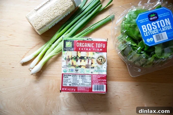 A selection of main ingredients on a kitchen counter: a block of extra-firm tofu, a head of fresh Boston lettuce, vibrant scallions, and a small dish of sesame seeds.