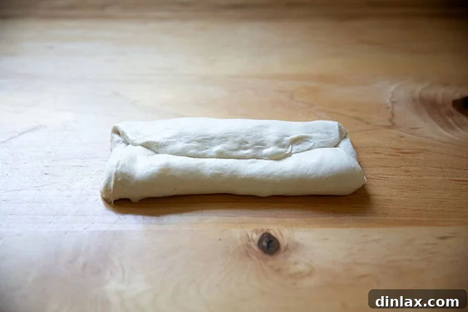 Baguette dough, after a 180-degree rotation, with the top edge folded down again to form an envelope shape.