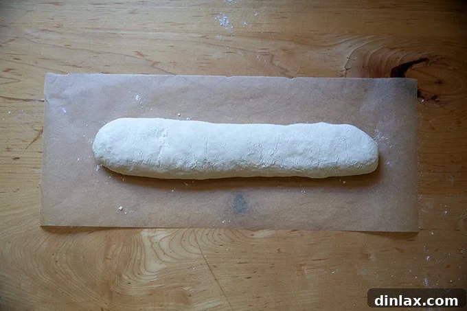An unbaked baguette, perfectly proofed and placed on parchment paper, ready for scoring.