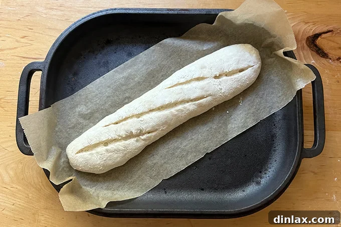 A scored baguette, on parchment paper, being carefully lowered into a preheated Challenger Bread Pan.