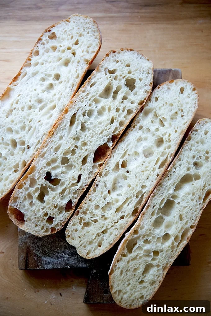 Two halved baguettes on a cutting board, showcasing the distinct open crumb structures of Petra flour versus King Arthur bread flour.