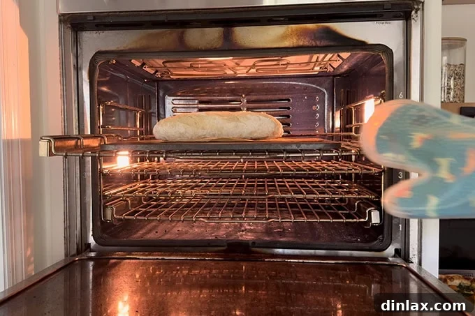 A baguette, partially baked and uncovered, continuing to bake on a Baking Steel in the oven.