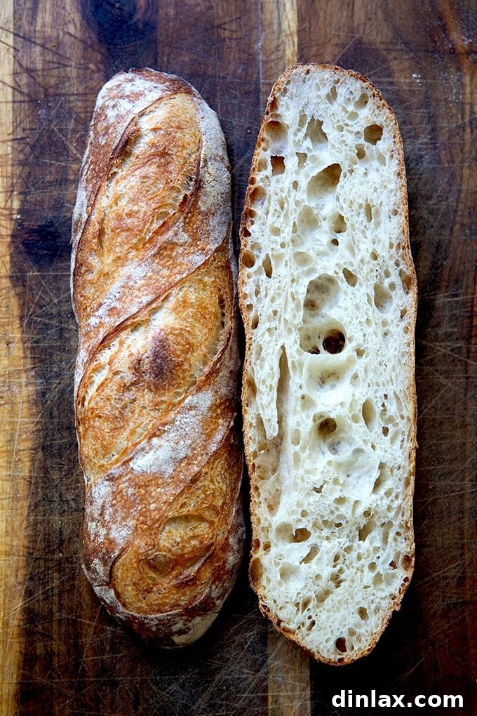 A freshly baked baguette, halved lengthwise to reveal a beautiful open crumb, ready to be enjoyed.